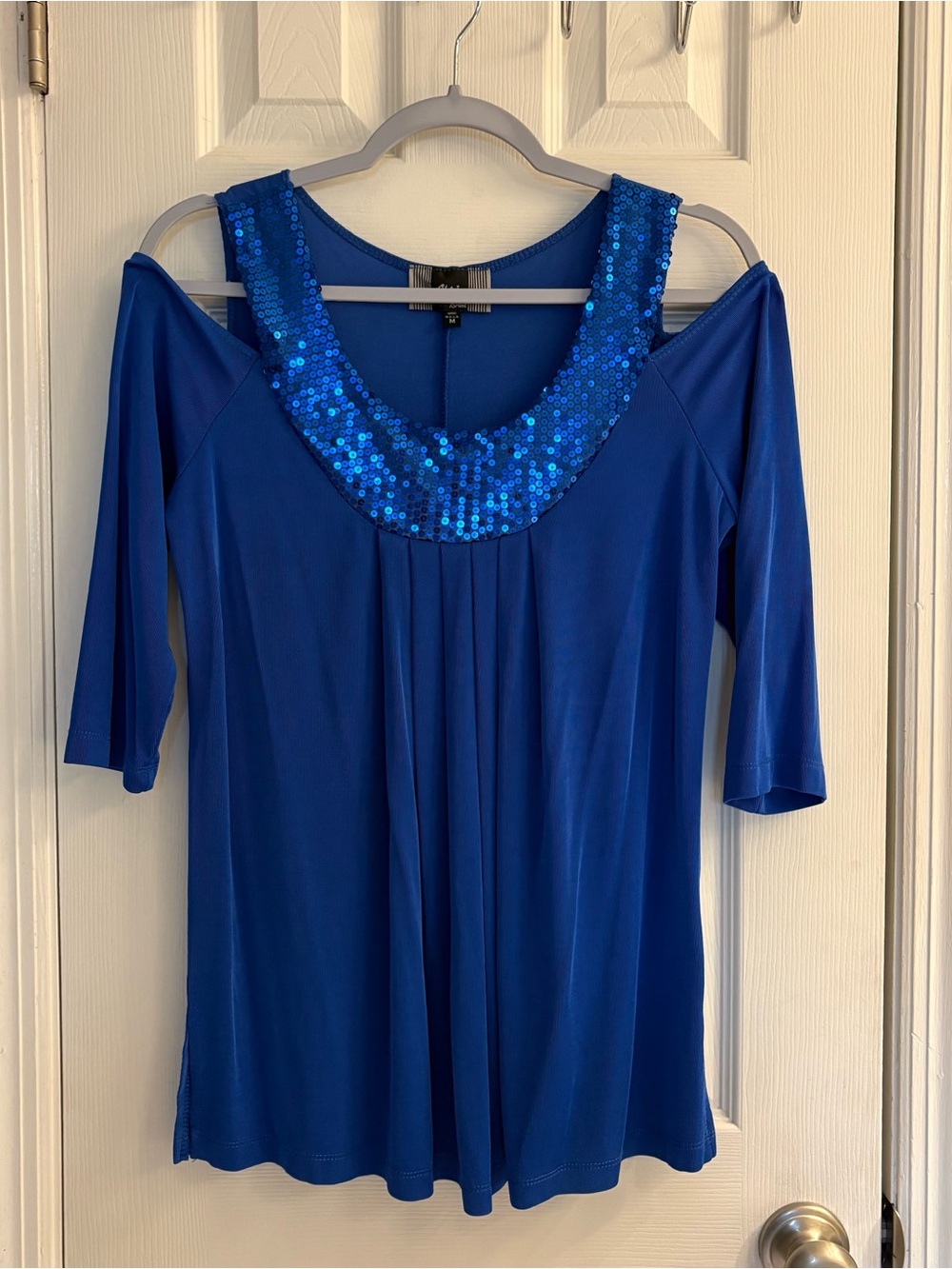 Vintage Slinky Brand Blue Sequin Scoop Neck Cold Shoulder Blouse Top Size Medium